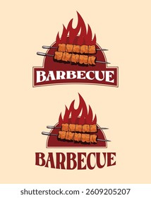 BARBECUE logo set. BBQ , grills Skewer icon with fire flame. Meat restaurant label. Vector illustration.
