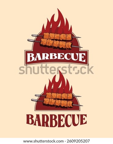 BARBECUE logo set. BBQ , grills Skewer icon with fire flame. Meat restaurant label. Vector illustration.