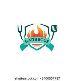 Barbecue logo with shield design combination, fire icon, cutlery logo template