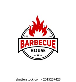 barbecue logo with smoldering fire, logo design with a rustic theme. minimalistic circle logo.