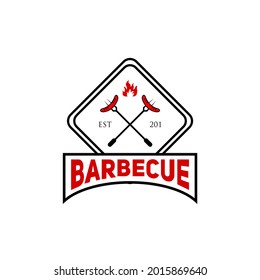 barbecue logo with smoldering fire, sausage and fork logo with cross shape