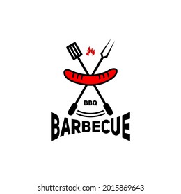 barbecue logo with smoldering fire, sausage and fork logo with cross shape