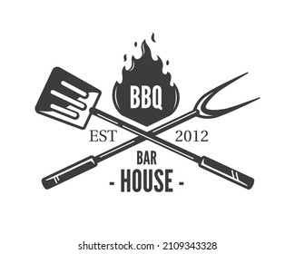 Barbecue logo with spatula fork and fire isolated on white background. BBQ concept. Vector illustration