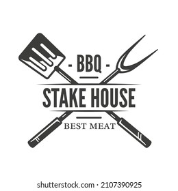 Barbecue logo with spatula and fork isolated on white background. BBQ concept. Vector illustration