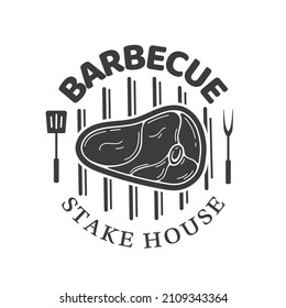 Barbecue logo with steak on grill isolated on white background. BBQ concept. Vector illustration
