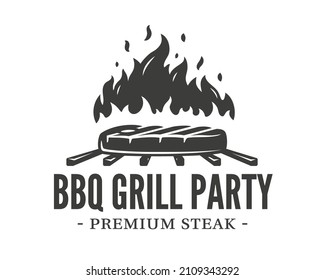 Grilllogo mit Steaks auf Feuer auf Grill einzeln auf weißem Hintergrund. BBQ-Konzept. Vektorgrafik