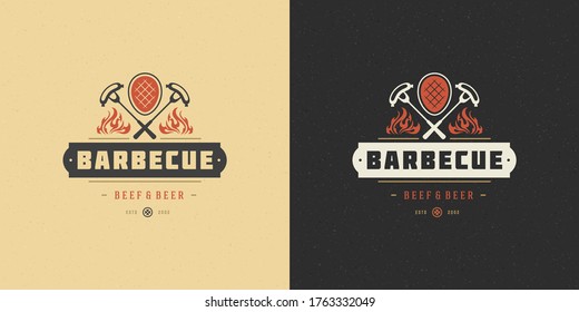 Barbecue logo vector illustration grill house or bbq restaurant menu emblem meat steak silhouette. Modern vintage typographic badge or label design and decoration.