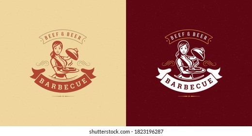 Barbecue logo vector illustration grill steak house or bbq restaurant menu emblem waitress with dish silhouette. Modern vintage typographic badge or label design and decoration.