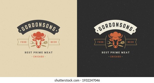 Barbecue logo vector illustration grill steak house or bbq restaurant menu emblem cow head with forks silhouette. Modern vintage typographic badge or label design and decoration.