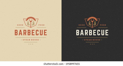 Barbecue logo vector illustration grill steak house or bbq restaurant menu emblem fork with sausage silhouette. Modern vintage typographic badge or label design and decoration.