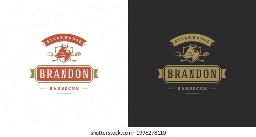 Barbecue logo vector illustration grill steak house or bbq restaurant menu emblem cow head with forks silhouette. Modern vintage typographic badge or label design and decoration.