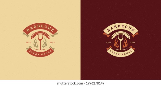 Barbecue logo vector illustration grill steak house or bbq restaurant menu emblem fork with sausage silhouette. Modern vintage typographic badge or label design and decoration.