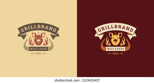 Barbecue logo vector illustration grill steak house or bbq restaurant menu emblem pig head silhouette. Modern vintage typographic badge or label design and decoration.