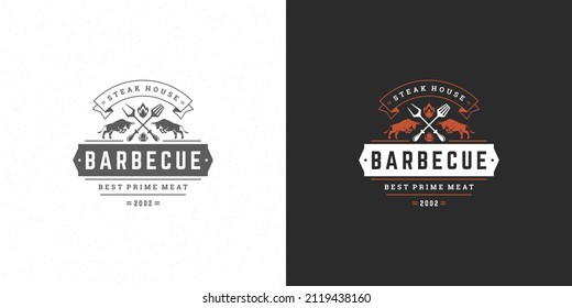Barbecue logo vector illustration grill steak house or bbq restaurant menu emblem bulls silhouette. Modern vintage typographic badge or label design and decoration.
