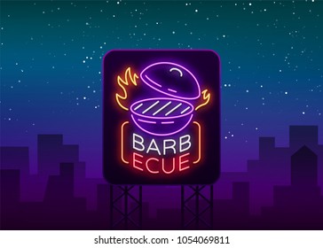 Barbecue logo vector. Neon sign, symbol, bright advertising night barbecue, grill, roast meat, grill bar, restaurant. Bright neon banner, luminous billboard for your projects