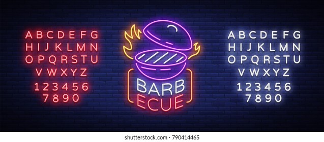 Barbecue logo vector. Neon sign, symbol, bright advertising night barbecue, grill, roast meat, grill bar, restaurant. Bright neon banner, luminous billboard for your projects. Editing text neon sign
