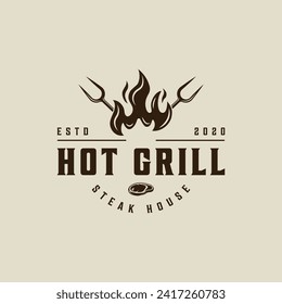 barbecue logo vintage vector illustration template icon graphic design. BBQ grill with flame sign or symbol for food restaurant steak house with retro typography style