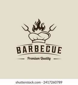 diseño gráfico del icono de la plantilla de la ilustración vintage del logotipo de barbecue vintage. Parrilla de barbacoa con sombrero de chef de llama espátula y seña de horquilla o símbolo para el restaurante de comida steack house con estilo de tipografía retro