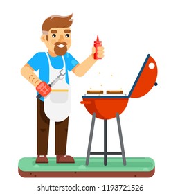 Barbecue man cook meat grill BBQ isolated flat design vector illustration