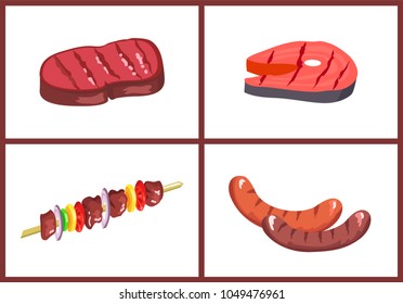 Barbecue meal set, four color vector illustrations isolated on white background, pork and salmon steaks, two BBQ sausages, shashlik with vegetables