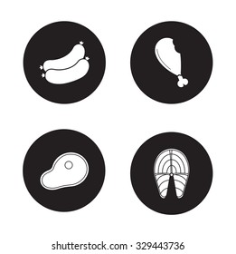 Barbecue meat black icons set. Beef steak and fried chicken leg round symbols. Grilled salmon fish fillet and sausages. White silhouette illustrations isolated on circles. Vector infographics elements