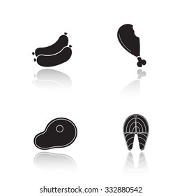 Barbecue meat products drop shadow icons set. Raw beef steak and fried chicken leg glossy symbols. Grilled salmon fish fillet and sausages black cast shadow silhouettes illustrations. Vector