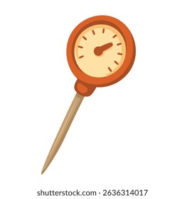 Barbecue meat thermometer with round dial and wooden stick, drawn in flat cartoon style.