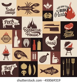 Barbacoa, carnes, verduras, cerveza, vino y equipos de barbacoa iconos para cafés, bar y menú restaurante, marca e identidad.