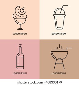 Barbecue, meat, wine and bbq equipment icons for cafe, bar and restaurant menu, branding and identity.