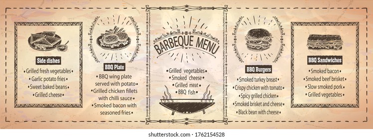 Barbecue menu board template - steaks, burgers, sandwiches, side dishes etc. Cafe menu display set