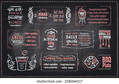 Barbecue menu chalkboard template, menu board with BBQ symbols and dishes lettering, blackboard chalk grill menu display set