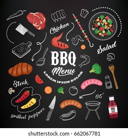 Barbecue menu concept vector illustration on the chalkboard background . Vintage infographics poster with BBQ products. Hand drawn food design elements.