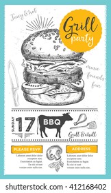 Barbecue Menu Placemat Food Restaurant Brochure, Bbq Template Design. Vintage Creative Dinner Invitation With Hand-drawn Graphic. Vector Food Menu Flyer. Gourmet Menu Board.