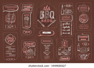 Barbecue menu template - beef steaks, sausages, lunch, breakfast and sauces, etc., vector menu display set for cafe or restaurant