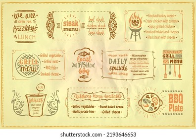 Barbecue menu template, menu board with BBQ symbols and dishes lettering, grill menu display set for cafe or restaurant, old style yellow paper backdrop