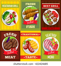 Barbecue mini posters set vegetarian grill fish meat seafood dishes vector illustration 