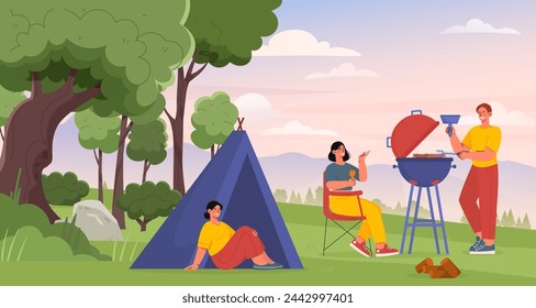 Barbecue mountains concept. Man and woman with grill near boy in blue tent. Family spending time together outdoor. Family at picnic. Rest at nature. Cartoon flat vector illustration