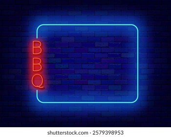 Barbecue neon banner. Grill party. Empty blue frame and red text. Vector stock illustration