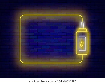 Barbecue neon greeting card. Grill bar. Empty yellow frame and mustard sauce. Burning taste. Vector stock illustration