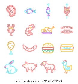 Barbecue Neon Icons Isolated. Vector Illustration of Glowing Bright Led Lamp over White Symbols.
