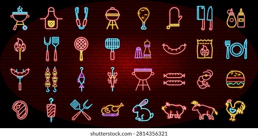 Barbecue Neon Objects. Grill Icons. Big Symbols Set. Glowing USA Independence Day BBQ Signs. Meat Pork Steak. 