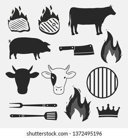 Barbecue objects set isolated on white background. Animal silhouettes, fire flames and grill items. vector design elements.