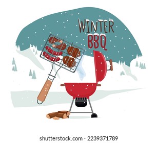 Barbecue on the background of snow-capped mountains. Grilled meat and sausages in winter. BBQ party. Vector illustration.