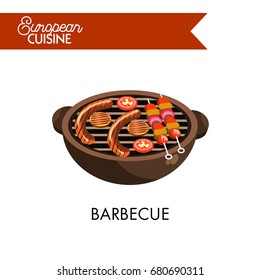 Barbecue on grill from European cuisine isolated illustration