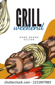 Parrillada en el brocheta, ilustración de vector dibujada a mano. Plantilla vertical para afiches, volante con parrilla, barbacoa, comida de picnic de verano. Plantilla de diseño de afiches para fiestas de verano.