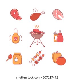 Barbecue and outdoor meat and fish steak grill frying thin line icons set. Modern flat style symbols isolated on white for infographics or web use.