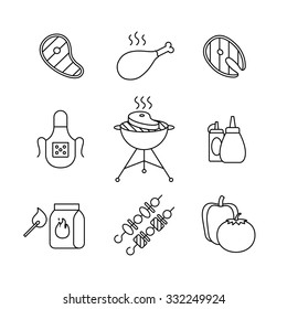 Barbecue and outdoor meat and fish steak grill frying thin line art icons set. Modern black style symbols isolated on white for infographics or web use.