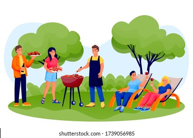 Barbecue outdoor party. Happy friends cooking grill meat and sausages on summer picnic. Vector flat cartoon men and women characters illustration. Weekend or holiday leisure concept