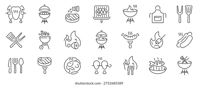 Barbecue outline icon set with editable stroke in modern thin line style
