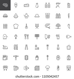 Barbecue outline icons set. linear style symbols collection, line signs pack. vector graphics. Set includes icons as Beef Steak, Ice cream, Cheese, Aubergine, Beer bottle, BBQ, Burger, Skewer, Grill